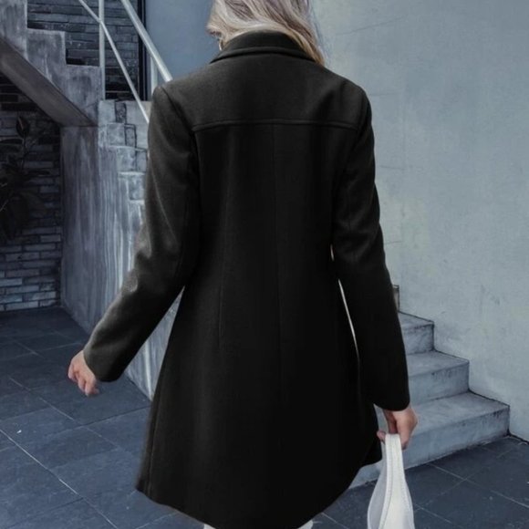 Double Breasted Lapel Collar Button Up pocketed Overcoat Black - Picture 4 of 9